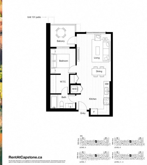A floor plan for Unit 131 shows a layout with a balcony, bedroom, living room, dining room, bathroom, kitchen, and an entry/fireplace area.